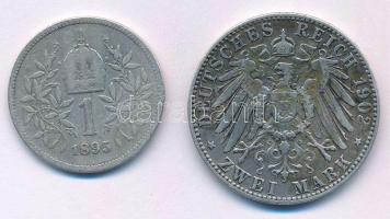Ausztria 1895. 1K Ag "Ferenc József" + Német Államok / Bajorország 1902D 2M Ag "Ottó" T:VF-F patina Austria 1895. 1 Corona Ag "Franz Joseph" + German States / Bavaria 1902D 2 Mark Ag "Otto" C:VF-F patina Krause KM#2804, KM#913
