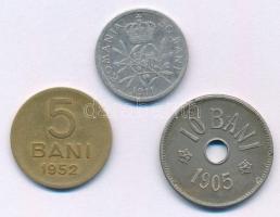 Románia 1905. 10b Cu-Ni + 1911. 50b Ag + 1952. 5b Ni-sárgaréz T:VF,F Romania 1905. 10 Bani Cu-Ni + 1911. 50 Bani Ag + 1952. 5 Bani Ni-brass C:VF,F Krause KM#32, KM#41, KM#83.1