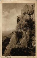 Kesztölc, Kétágú-hegy (Pilis), Schwicker út, hegymászó. Fényképezte Bekey Imre Gábor. A Magyar Turista Egyesület kiadása (szakadás / tear)