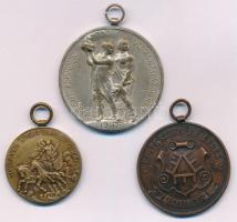 Sződy Szilárd (1878-1939) 1938. "Magyar Főiskolai Sportegyletek Egyesülése - 1907 / Bajnoki érem" kétoldalas ezüstözött bronz díjérem, hátoldalán "Súlylökés ötös cs. I. 1938." gravírozással, füllel (40mm) + 1905. "Ép testben ép lélek - Verseny díj" kétoldalas bronz sport díjérem "S.G.A." gyártói jelzéssel, füllel, (36mm) + Pincés Puder István (1907-) DN "Törekvés Sport Egylet 1900 / III." bronz díjérem füllel (30mm) T:2 patina, ph. T:AU-XF patina