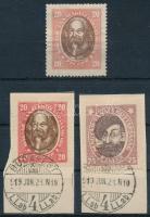 1919 Magyar Tanácsköztársasági arcképek 3 db bélyeg a középrész eltolódásával