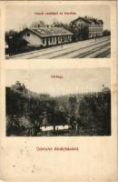 1911 Királyháza, Korolevo, Královo nad Tisou; vasútállomás, felvételi épület, vasúti vendéglő és tisztilak, várhegy, várrom. Gödör Gyula vasúti vendéglős kiadása / railway station, railway restaurant, officers' apartments, castle hill, castle ruins (EK)
