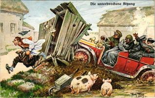 1913 Die unterbrochene Sitzung / "The interrupted session" toilet humour with automobile a...