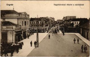 Ungvár, Uzshorod, Uzhhorod, Uzhorod; Nagyhíd utca, színház, üzletek. Vasúti Levelezőlapárusítás 9107. / street view, bridge, theatre, shops (EK)
