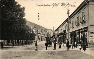 1908 Trencsénteplic, Trencianske Teplice; utca, Molnár Lajos üzlete, fodrász. Wertheim Zsigmond kiadása / street, shop, hairdresser