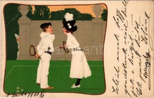 1900 Meissner &amp; Buch Künstler-Postkarten Serie 1039. "Lawn Tennis" Art Nouveau, li...