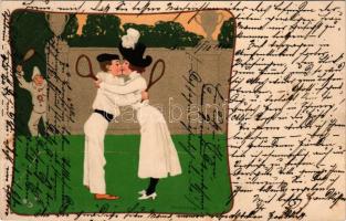 1900 Meissner &amp; Buch Künstler-Postkarten Serie 1039. "Lawn Tennis" Art Nouveau, li...