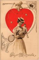 Prosit Neujahr / New Year greetings with cupid, hearts, lady with tennis racket. Art Nouveau, Emb. l...