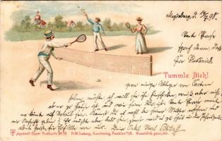 1898 Tummle Dich! Aquarell-Sport-Postkarte No. 19. Fr. W. Juxberg Kunstverlag / tennis court with pl...