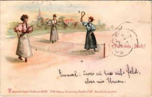 1898 Tummle Dich! Aquarell-Sport-Postkarte No. 20. Fr. W. Juxberg Kunstverlag / tennis court with pl...