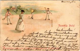1901 Tummle Dich! Aquarell-Sport-Postkarte No. 18. Fr. W. Juxberg Kunstverlag / tennis court with pl...