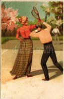 Romantic couple playing tennis. E.S.D. Serie 8070. litho (fa)