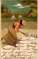 Tennis court with players. E.S.D. Serie 8070. litho s: F. Br. (gyűrődés / crease)