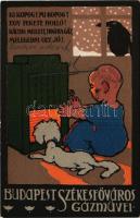 1914 Budapest Székesfőváros Gázművei reklám. Ki kopog? Mi kopog? Egy fekete holló! Kályha mellett, h...