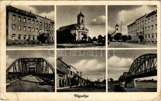 1942 Vágsellye, Schelle, Sala nad Váhom; mozaiklap, rajta Járási Hivatal, híd, üzletek / multi-view postcard with county office, bridge, shops (EB)