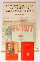 1949-1985 Szocialista nyomtatvány tétel, 4 db: Rákosi Mátyás: Pártunk feladatai.; Sztálin: A dialektikus és a történelmi materializmusról.; Nagy októberi szocialista forradalom 60. évfordulós oklevél; választási plakát. Vegyes állapotban.