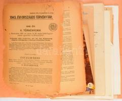 cca 1935-1945 Vegyes papírrégiség tétel, közte 1945. évi országos törvénytár, Körös-Tisza-Marosi Ármentesítő és Belvízszabályozó Társulat jegyzőkönyv, MFTR kinevezés, stb., változó állapotban