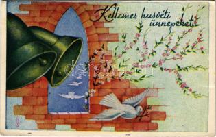 1943 Kellemes húsvéti ünnepeket / Easter greeting art postcard with dove and bells (EK)