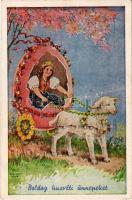 Boldog húsvéti ünnepeket / Easter greeting art postcard with egg shaped carriage drawn by a sheep (r...
