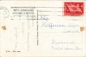 Boldog húsvéti ünnepeket / Easter greeting art postcard with egg shaped carriage drawn by a sheep (r...