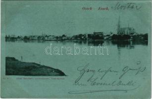 1899 Eszék, Essegg, Osijek; Vízpart, látkép. Ottokar Rechnitzer kiadása / riverside, view (EK)