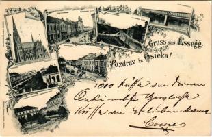 1898 Eszék, Essegg, Osijek; Oberstädter Pfarrkirche, Komitatsgasse, Kapuzinergasse, Jägergasse, Haup...