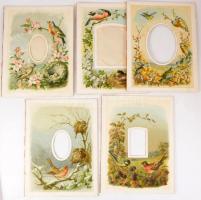 ca 1890 5 db Litho fényképtartó, vizitkártya és kabinetfotó paszpartu litográfált képekkel. Lapméret 24x30 cm