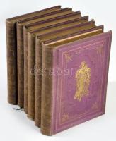 Arany János összes költeményei I-VI. köt. Teljes! Pest, 1869-1867, Ráth Mór, (Bécs, Holzhausen Adolf-ny.) 1 (Arany János portréfotója) t.+8+291 p.; 8+342 p.; 4+252 p.; 4+326 p.; 4+283 p.; 4+233 p. Egységes kiadói aranyozott, egészvászon-kötések, aranyozott lapélekkel, kopott borítókkal, az I. kötet elvált a borítótól, a könyvtestről a címkép, a címlap és az azt követő lap levált, a III. kötetben néhány ceruzás bejegyzéssel.