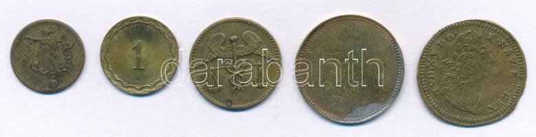 Vegyes 5db-os számolózseton és játékpénz-tétel T:XF,VF