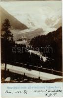 1900 Bernina Range, Morteratsch Gletscher / glacier, man with bicycle. photo (glue marks)