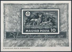 1971 Vadászai Világkiállítás "A Magyar Posta ajándéka" feketenyomat vágott blokk / Mi Bl. ...