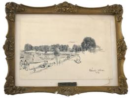 Élesdy István (1912-1987): Strand, 1956. Tus, papír, jelzett. Üvegezett, kissé sérült fakeretben. 14,5x21 cm