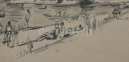 Élesdy István (1912-1987): Strand, 1956. Tus, papír, jelzett. Üvegezett, kissé sérült fakeretben. 14...