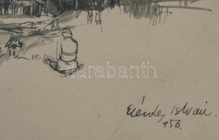 Élesdy István (1912-1987): Strand, 1956. Tus, papír, jelzett. Üvegezett, kissé sérült fakeretben. 14...