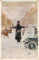 M. kir. Rendőrség - Rendőrőrszem. Stádium Rt. / Hungarian police art postcard, constable service dre...