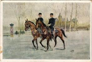 1943 M. kir. Rendőrség - Lovasőrjárat. Stádium Rt. / Hungarian police art postcard, mounted police p...