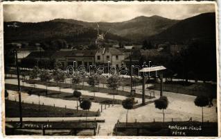 1942 Kovászna, Covasna; Fő tér, Imreh Béla, Bartha B. Emil, Deák Károly üzlete, gyógyszertár, Szabó nyomda / main square, shops, pharmacy. Turul photo (b)