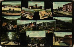 Kovásznafürdő, Baile Covasna; sétatér, patak részlet vizi fűrésszel, Kossuth tér borvízkúttal, Pokolsár fürdő, Rózsahalom, Erdei út, sikló, Horgász forrás, liget, Pokolsár belseje. Szabó nyomda kiadása / squares, river with sawmill, spring sources, bath, forest road, funicular, bath interior (kopott sarkak / worn corners)