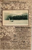 1901 Balatonfüred, látkép a víz felől, szecessziós-virágos keret (EK)