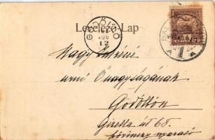 1901 Balatonfüred, látkép a víz felől, szecessziós-virágos keret (EK)