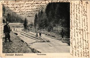 1906 Rahó, Rachov, Rahiv, Rakhiv; Tutajindítás. Lautmann és Davidovits kiadása / rafting + "KŐRÖSMEZŐ - MARM.SZIGET 208. SZ." vasúti mozgóposta bélyegző (EB)