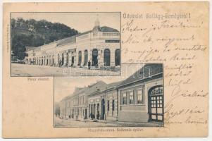 1903 Szilágysomlyó, Simleu Silvaniei; Piac részlet, Megyeház utca, Szilvania épület, Lajos Hengermalmi Lisztraktár, Rosenberger Ármin üzlete. Veres Károly kiadása / market, streets, shops (gyűrődések / creases)