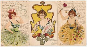3 db RÉGI (1905 előtti) szecessziós szignós művészlap: hölgyek / 3 pre-1905 signed art postcards: ladies