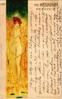 1899 Aus Arkadien I. Nymph. B &amp; S Wien Serie No. 1040. Art Nouveau litho s: Raphael Kirchner (EK)