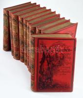 Vas Gereben összes munkái I-VI, VIII-XI. Majdnem teljes sorozat, 3 kötet hiánnyal (VII, XII, XIII.) Képes kiadás. Gyulay László és Neogrády Antal rajzaival. Bp., én.-1886-1898, Méhner Vilmos - Franklin, (Rudnyánszky Antal - Franklin-ny.) A címlapon szentkirályszabadjai Karsa Ferenc (1827-1915) 1848-as honvéd hadnagy, Görgey Artúr parancsőrtisztje, árvaszéki elnök névbejegyzésével. Kiadói aranyozott, festett, illusztrált egészvászon-kötés, márványozott lapélekkel,kopott, foltos borítókkal, a gerinceken kis sérüléssekkel.