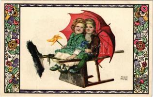 Children with umbrella and broom. B.K.W.I. 587-2. s: August Patek