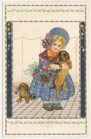 Girl with Dachshund dog puppies. B.K.W.I. 633-1. unsigned August Patek (?) (ázott / wet damage)