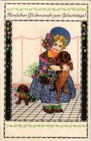 Herzlichen Glückwunsch zum Geburtstage / Girl with Dachshund dog puppies and Birthday greetings. B.K...