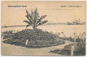 Balatonalmádi, kikötő a "BAROSS" gőzhajóval. Lángos Endréné kiadása, üres leporellólap (Rb)