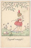 1927 Húsvéti üdvözlet / Easter greeting art postcard with girl and rabbit. M. M. Nr. 1181. s: Mela K...